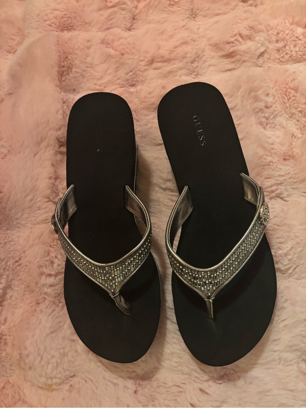 GUESS Silver Rhinestone-Trim Thong Sandals